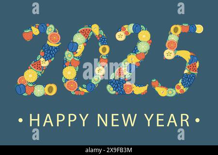 I numeri dell'anno 2025 sono fiancheggiati da frutti e bacche vivaci e colorati. Biglietto di auguri di buon anno. Illustrazione Vettoriale