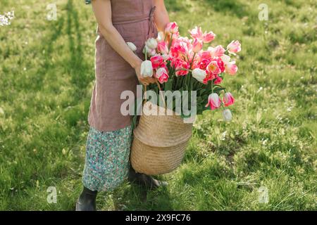 Donna in grembiule di lino con un cesto pieno di tulipani in un giardino estivo, la Bielorussia Foto Stock