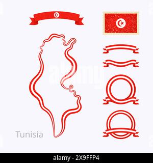 Mappa della Tunisia. Il bordo è contrassegnato con un nastro di colore nazionale. La confezione contiene cornici in colori nazionali e timbro con bandiera. Illustrazione Vettoriale