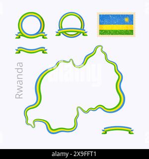 Mappa delineata del Ruanda. Il bordo è contrassegnato con un nastro di colore nazionale. La confezione contiene cornici in colori nazionali e timbro con bandiera. Illustrazione Vettoriale