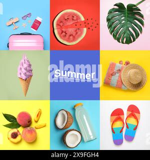 Collage con foglie tropicali, valigia, frutta e accessori da spiaggia. Ora legale Foto Stock