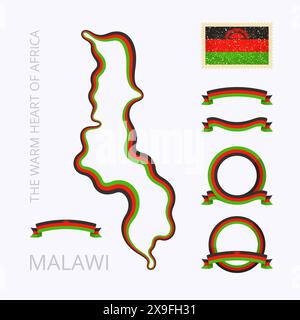 Mappa del Malawi. Il bordo è contrassegnato con un nastro di colore nazionale. La confezione contiene cornici in colori nazionali e timbro con bandiera. Illustrazione Vettoriale