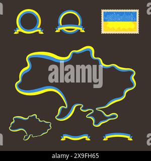 Mappa di riferimento dell'Ucraina. Il bordo è contrassegnato con un nastro nei colori nazionali. La confezione contiene un timbro con flag e cornici. Il file è stato creato con Illustrazione Vettoriale