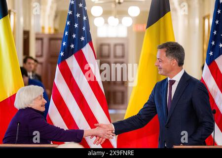 Washington DC, Stati Uniti. 31 maggio 2024. Il Segretario del Dipartimento del Tesoro degli Stati Uniti Janet Yellen e il primo Ministro Alexander De Croo nella foto durante un incontro al Tesoro degli Stati Uniti, in una visita di un giorno del primo Ministro belga a Washington DC, Stati Uniti, venerdì 31 maggio 2024. BELGA PHOTO JASPER JACOBS credito: Belga News Agency/Alamy Live News Foto Stock
