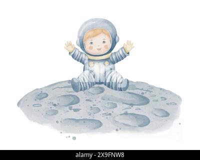 Illustrazione dell'acquerello del cosmonauta. Astronauta disegnata a mano seduta su un pianeta. Disegno di Boy Spaceman per biglietti d'auguri Baby Shower o invito di compleanno colori blu pastello e beige. Foto Stock