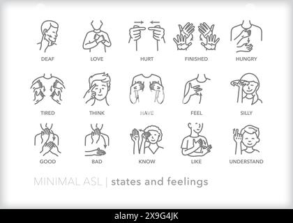 Serie di icone di riga che raffigurano la comunicazione ASL (American Sign Language) per parole e frasi che rappresentano stati e sentimenti Illustrazione Vettoriale