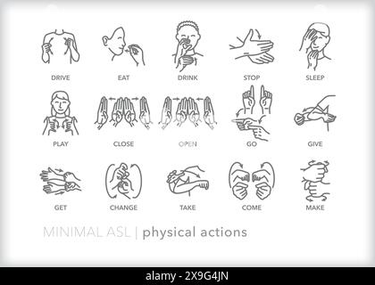 Serie di icone di riga che raffigurano la comunicazione ASL (American Sign Language) per azioni fisiche, parole e frasi Illustrazione Vettoriale