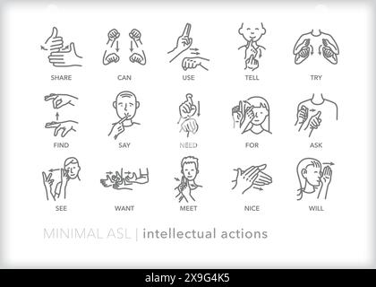 Serie di icone di riga che raffigurano la comunicazione ASL (American Sign Language) per azioni intellettuali, parole e frasi Illustrazione Vettoriale
