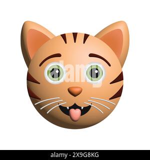 Divertente gatto arancione 3D sorridente con occhi verdi e una lingua, un'emoji vettoriale Illustrazione Vettoriale