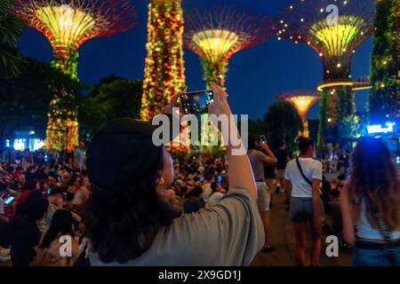 Spettacolo di luci e musica nei giardini del parco della baia Supertrees passerella sopraelevata tra i coloratissimi superalberi illuminati, Gardens by the Bay, Singapore Foto Stock