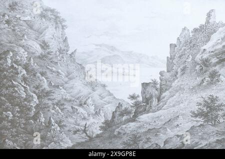 Vista dalla cima del monte Ayu-Dag in Crimea. Incisione di Friedrich Gross del XIX secolo. Foto Stock