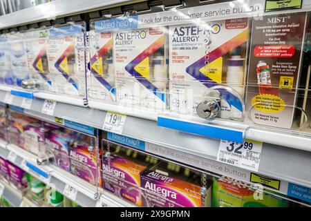 Miami Beach, Florida, farmacia Walgreens, vendita all'interno di scaffali interni, OTC farmaci da banco, Astepro Allergy Allegra, unde Foto Stock