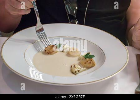 Miami Florida, PortMiami Porto di Miami, a bordo interno, nave Norwegian Joy Cruise Line, 7 giorni ai Caraibi, ristorante francese di lusso le Bistro, donna Foto Stock