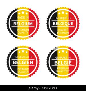 Etichette rotonde prodotte in Belgio in inglese, francese, olandese e tedesco. Icona del vettore del marchio di qualità. Perfetto per design di logo, badge, etichette, adesivi Illustrazione Vettoriale