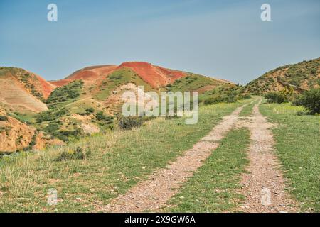 La strada che conduce alle montagne rosse vi invita ad andare, lo splendido paesaggio dimostra la bellezza della regione di Kvemo Kartli, un'idea per un po Foto Stock