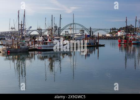 Barche in porto con Yaquina Bay Bridge, Newport, Oregon Foto Stock