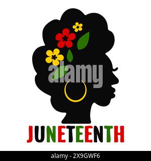 Silhouette donna afroamericana di Juneteenth. Modello vettoriale per striscioni, poster, biglietti d'auguri, cartolina, design di camicie, ecc Illustrazione Vettoriale