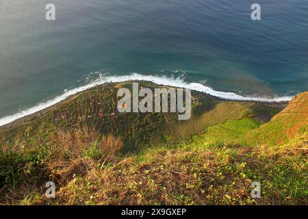 Vista aerea della costa occidentale dell'isola di Madeira (Portogallo) ad Achadas da Cruz, dove sono costruiti ricci lungo la costa in fondo a un cli Foto Stock