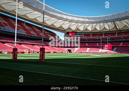 Madrid, Spagna. 31 maggio 2024. Finali del campionato di rugby Sevens. Stadio Metropolitano. Questo weekend, squadre di tutto il mondo si sfidano nell'attesissima finale del campionato di rugby Sevens, mettendo in mostra velocità, abilità e strategia in un torneo frenetico ed emozionante. Ci si aspetta che gli spettatori riempiano gli stand, creando un'atmosfera elettrica nel locale. Crediti: Enriquepsans/Alamy Live News Foto Stock