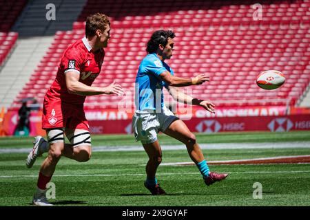 Madrid, Spagna. 31 maggio 2024. Finali del campionato di rugby Sevens. QUALIFICA PISCINA A UOMO, Canada 7s e Uruguay 7s Questo weekend, squadre di tutto il mondo si sfidano nell'attesissima finale del campionato di rugby Sevens, mettendo in mostra velocità, abilità e strategia in un torneo frenetico ed emozionante. Ci si aspetta che gli spettatori riempiano gli stand, creando un'atmosfera elettrica nel locale. Crediti: Enriquepsans/Alamy Live News Foto Stock