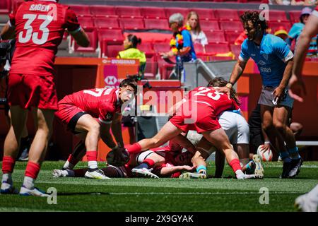 Madrid, Spagna. 31 maggio 2024. Finali del campionato di rugby Sevens. QUALIFICA PISCINA A UOMO, Canada 7s e Uruguay 7s Questo weekend, squadre di tutto il mondo si sfidano nell'attesissima finale del campionato di rugby Sevens, mettendo in mostra velocità, abilità e strategia in un torneo frenetico ed emozionante. Ci si aspetta che gli spettatori riempiano gli stand, creando un'atmosfera elettrica nel locale. Crediti: Enriquepsans/Alamy Live News Foto Stock