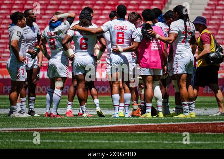 Madrid, Spagna. 31 maggio 2024. Finali del campionato di rugby Sevens. QUALIFICA PISCINA A UOMO, USA 7s e Germania 7s Questo weekend, squadre di tutto il mondo si sfidano nell'attesissima finale del campionato di rugby Sevens, mettendo in mostra velocità, abilità e strategia in un torneo frenetico ed emozionante. Ci si aspetta che gli spettatori riempiano gli stand, creando un'atmosfera elettrica nel locale. Crediti: Enriquepsans/Alamy Live News Foto Stock