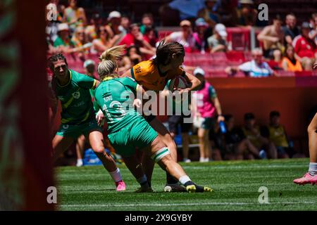 Madrid, Spagna. 31 maggio 2024. Finali del campionato di rugby Sevens. PISCINA FEMMINILE CAMPIONATO PISCINA B, Australia 7s vs Irlanda 7s Questo weekend, squadre di tutto il mondo si sfidano nell'attesissima finale del campionato di rugby Sevens, mettendo in mostra velocità, abilità e strategia in un torneo frenetico ed emozionante. Ci si aspetta che gli spettatori riempiano gli stand, creando un'atmosfera elettrica nel locale. Crediti: Enriquepsans/Alamy Live News Foto Stock