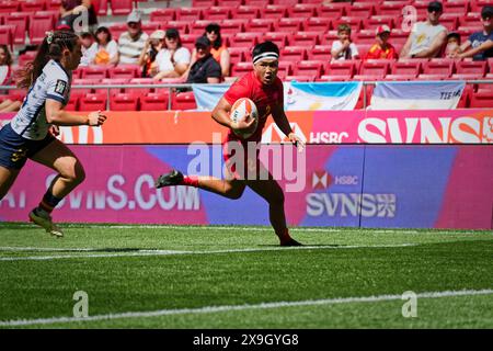 Madrid, Spagna. 31 maggio 2024. Finali del campionato di rugby Sevens. QUALIFICA PISCINA A - DONNA, Spagna 7s vs Cina 7s Questo weekend, squadre di tutto il mondo si sfidano nell'attesissima finale del campionato di rugby Sevens, mettendo in mostra velocità, abilità e strategia in un torneo frenetico ed emozionante. Ci si aspetta che gli spettatori riempiano gli stand, creando un'atmosfera elettrica nel locale. Crediti: Enriquepsans/Alamy Live News Foto Stock