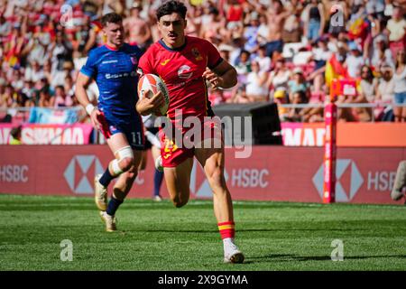 Madrid, Spagna. 31 maggio 2024. Finali del campionato di rugby Sevens. QUALIFICA PISCINA UOMO PISCINA B, Spagna 7s vs Cile 7s. Questo weekend, squadre di tutto il mondo si sfidano nell'attesissima finale del campionato di rugby Sevens, mettendo in mostra velocità, abilità e strategia in un torneo frenetico ed emozionante. Ci si aspetta che gli spettatori riempiano gli stand, creando un'atmosfera elettrica nel locale. Crediti: Enriquepsans/Alamy Live News Foto Stock