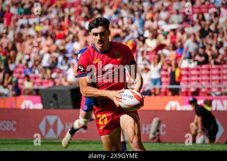 Madrid, Spagna. 31 maggio 2024. Finali del campionato di rugby Sevens. QUALIFICA PISCINA UOMO PISCINA B, Spagna 7s vs Cile 7s. Questo weekend, squadre di tutto il mondo si sfidano nell'attesissima finale del campionato di rugby Sevens, mettendo in mostra velocità, abilità e strategia in un torneo frenetico ed emozionante. Ci si aspetta che gli spettatori riempiano gli stand, creando un'atmosfera elettrica nel locale. Crediti: Enriquepsans/Alamy Live News Foto Stock