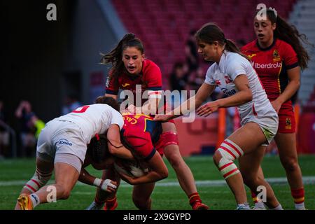Madrid, Spagna. 31 maggio 2024. Finali del campionato di rugby Sevens. QUALIFICA PISCINA A DONNA, Spagna 7s e Polonia 7s Questo weekend, squadre di tutto il mondo si sfidano nell'attesissima finale del campionato di rugby Sevens, mettendo in mostra velocità, abilità e strategia in un torneo frenetico ed emozionante. Ci si aspetta che gli spettatori riempiano gli stand, creando un'atmosfera elettrica nel locale. Crediti: Enriquepsans/Alamy Live News Foto Stock
