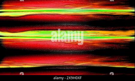 Grafica astratta con linee orizzontali di rosso, nero, verde e giallo con dettagli testurizzati Foto Stock