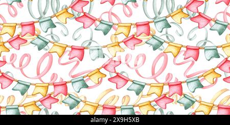 Bandiere e coriandoli di colore giallo, rosso e verde, ghirlande su un disegno ad acquerello a corda. Isolato dallo sfondo per uso universale in g Foto Stock