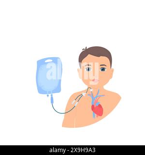 Illustrazione che mostra un bambino che riceve nutrizione parenterale attraverso un catetere nella vena giugulare interna. Questo metodo prevede la somministrazione di nutrienti direttamente nel flusso sanguigno, bypassando completamente il sistema digerente. Viene utilizzato quando una persona non è in grado di ottenere un'alimentazione adeguata attraverso vie orali o enterali (intestino). Foto Stock