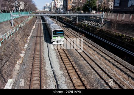 Un treno della serie E231-500 sulla linea Yamanote sui binari vicino a sugamo, Tokyo, Giappone. Foto Stock