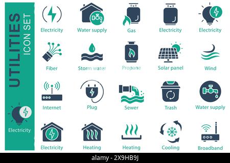 Set di icone Utilità. Elettricità, approvvigionamento idrico, propano e altro ancora. stile icona a tinta unita. illustrazione vettoriale dell'elemento utilities Illustrazione Vettoriale