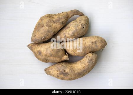 Patate dolci intere su fondo di legno. Vista dall'alto. Foto Stock