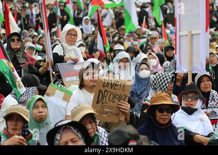 GIACARTA, INDONESIA - 1° GIUGNO: Un manifestante pro-palestinese regge un cartello con la scritta "Divest, Decolonize, boicottaggio e sanzioni” durante la manifestazione pro-palestinese presso l'ambasciata statunitense di fronte a Giacarta, Indonesia, il 1° giugno 2024. La manifestazione ha protestato contro l'attacco militare israeliano a Rafah, Gaza. Foto Stock