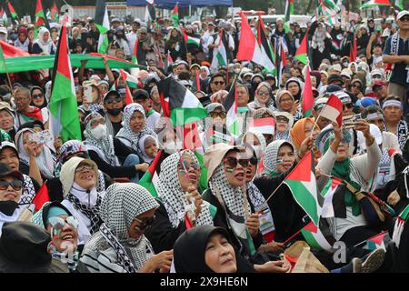 GIACARTA, INDONESIA - 1° GIUGNO: Manifestanti pro-palestinesi, con bandiere e bandiere palestinesi, si riuniscono fuori dall'ambasciata degli Stati Uniti per mostrare sostegno ai palestinesi a Giacarta, Indonesia, il 1° giugno 2024. La manifestazione ha protestato contro l'attacco militare israeliano a Rafah, Gaza. Foto Stock