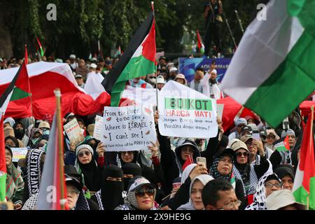 GIACARTA, INDONESIA - 1° GIUGNO: Manifestanti pro-palestinesi, con bandiere e bandiere palestinesi, si riuniscono fuori dall'ambasciata degli Stati Uniti per mostrare sostegno ai palestinesi a Giacarta, Indonesia, il 1° giugno 2024. La manifestazione ha protestato contro l'attacco militare israeliano a Rafah, Gaza. Foto Stock