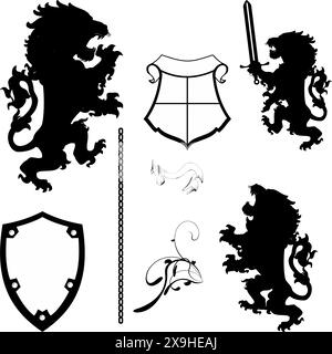 illustrazione del set di raccolta di leoni araldici in formato vettoriale Illustrazione Vettoriale