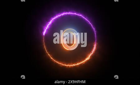 Un'immagine digitale con uno zero 0 bianco tridimensionale circondato da un anello luminoso al neon. La suoneria è composta da toni viola e arancione. Foto Stock