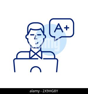 Giovane uomo al portatile con Un messaggio di voto. Formazione online, prestazioni accademiche elevate per gli studenti. Icona vettoriale Illustrazione Vettoriale