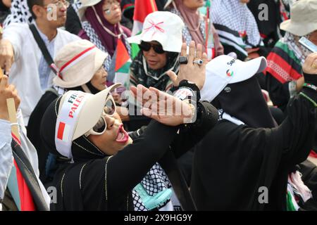 GIACARTA, INDONESIA - 1 GIUGNO: Una manifestante filo-palestinese che si aggira sulle braccia come rifiuto di prodotti che hanno legami con Israele durante la manifestazione pro-palestinese presso l'ambasciata statunitense di fronte a Giacarta, Indonesia, il 1 giugno 2024. La manifestazione ha protestato contro l'attacco militare israeliano a Rafah, Gaza. Foto Stock