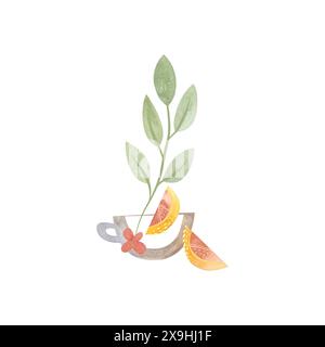 Tisane: Bicchieri, teiera, tazza e rami di piante verdi, fiori e limone. Illustrazione per la progettazione di confezioni di tè, dolci, cosmetici Foto Stock