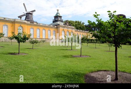 02.07.2012 Neue Kammern/ Kirschgarten Deutschland/ Land Brandenburg/ Potsdam/ Park Sanssouci/ Kirschgarten/ Cherry Garden/ Neue Kammern/ historische Windmühle/ ***Nutzung nur redaktionell*** ** 02 07 2012 New Chambers Cherry Garden Germany Land Brandenburg Potsdam Park Sanssouci Cherry Garden New Chambers uso solo per scopi editoriali Foto Stock