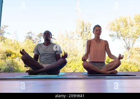 Una coppia giovane e variegata che medita all'aperto su stuoie per yoga Foto Stock