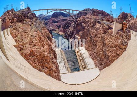 Hoover Dam e Mike o'Callaghan–Pat Tillman Memorial Bridge, Spherical View Foto Stock