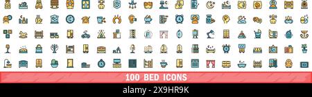 set di 100 icone letto. Set di linee cromatiche di icone vettoriali del letto linee sottili di colore piatto su bianco Illustrazione Vettoriale