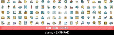set di 100 icone letto. Set di linee cromatiche di icone vettoriali del letto linee sottili di colore piatto su bianco Illustrazione Vettoriale